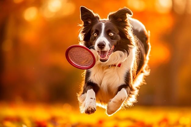 a dog running with a frisbee in its mouth