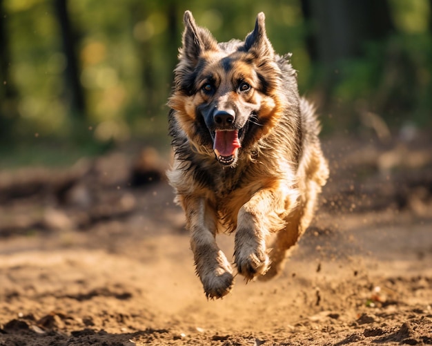 A dog running in the woods with its mouth open