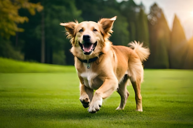 A dog runs across a field of grass.