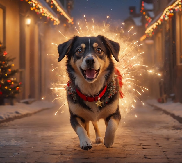 A dog runs away from exploding Christmas firecrackers with fear in his eyes