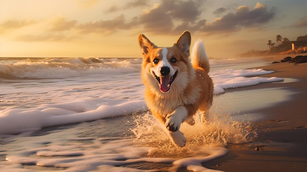 A dog runs on the beach at sunset.