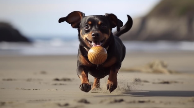 A dog runs on the beach with a ball in his mouth.