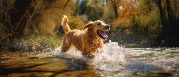 A dog runs through a river in the fall.