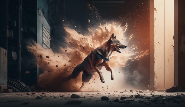 A dog runs with a explosion in the background