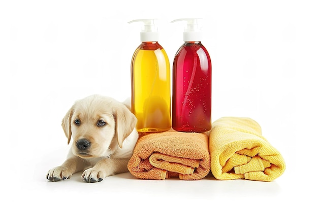 Photo dog shampoo and conditioner isolated in transparent background