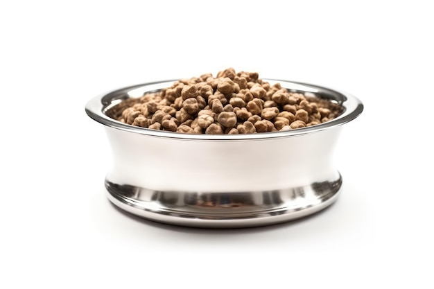 Dog Silver Bowl With Dry Food On White Background Generative AI