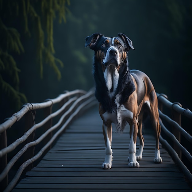 Dog sit down on a bridge Pet photograph friendship pet animals Ai generated