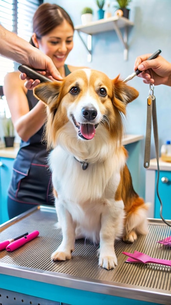 Photo a dog sits in a bathroom with a woman holding a toothbrush