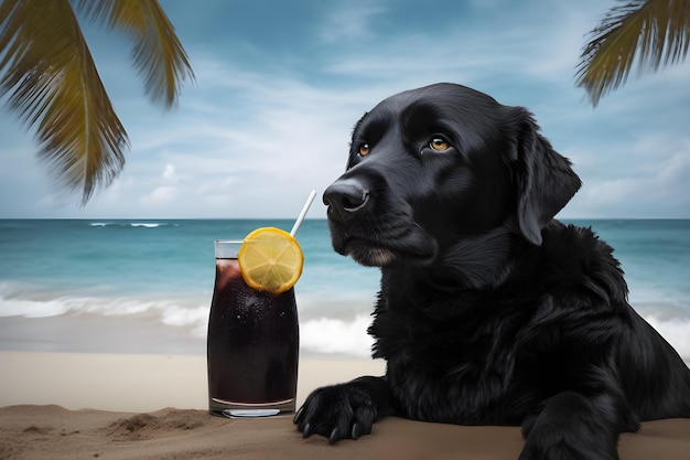 A dog sits on a beach next to a drink with a straw in it.