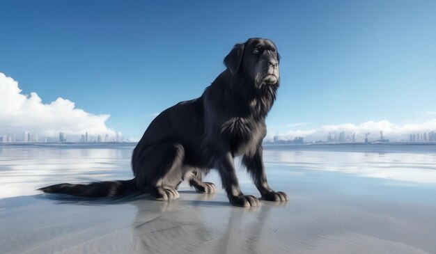 Photo a dog sits on the beach and looks at the water