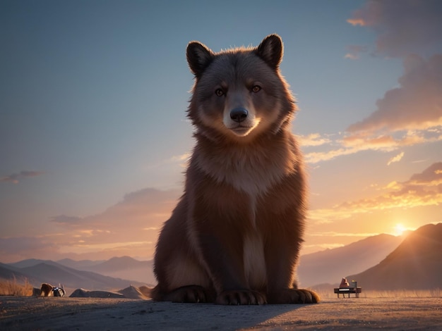 A dog sits on a beach with a sunset in the background.