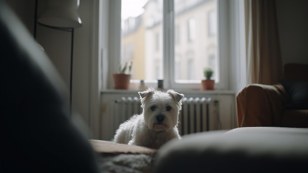 A dog sits on a bed in front of a window with a plant on the window sill.