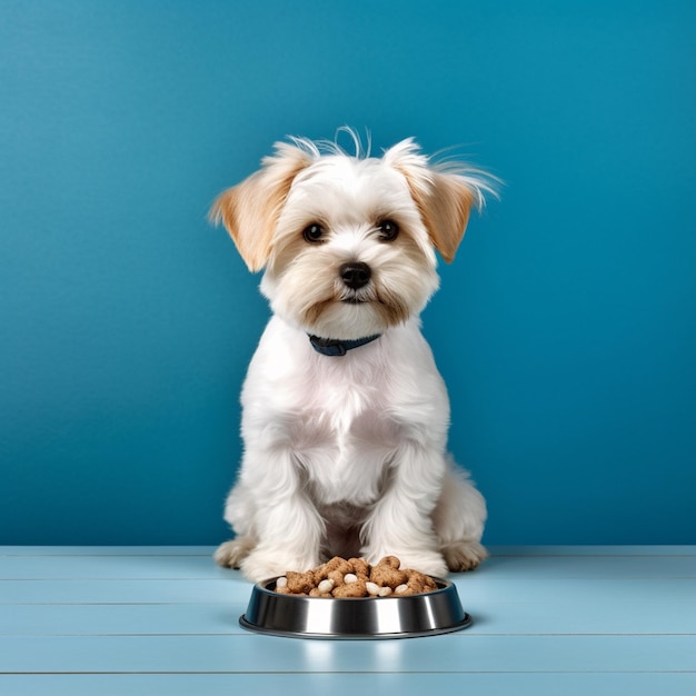 A dog sits on a blue table with a bowl of food in front of it.