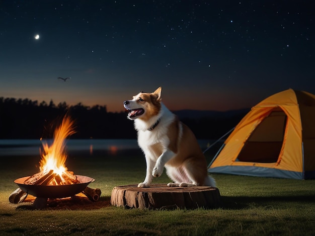 a dog sits at a campfire with a campfire in the background