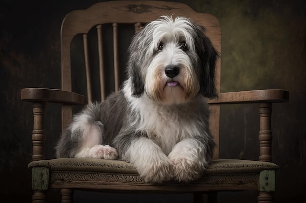 A dog sits on a chair in a dark room.