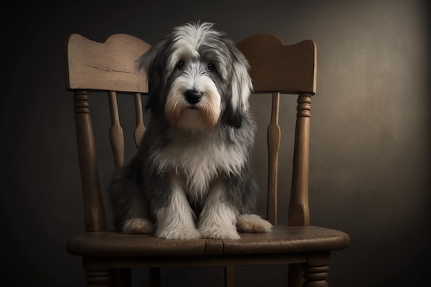 A dog sits on a chair in a dark room.