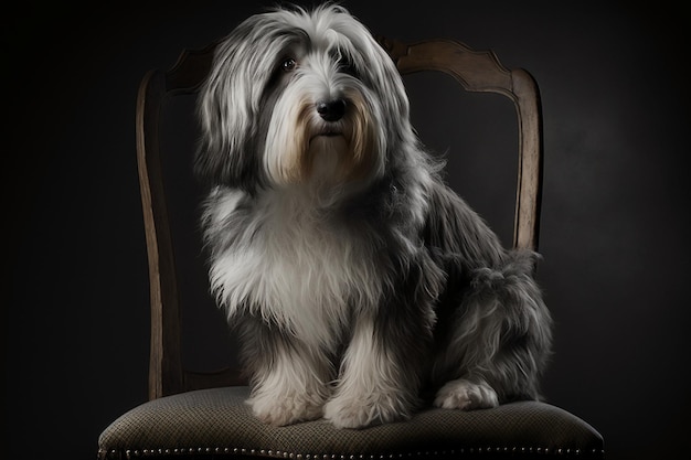 A dog sits on a chair in a dark room.