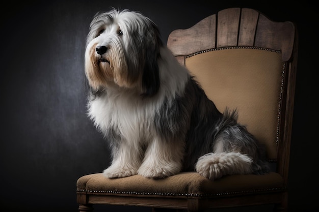 A dog sits on a chair in a dark room.