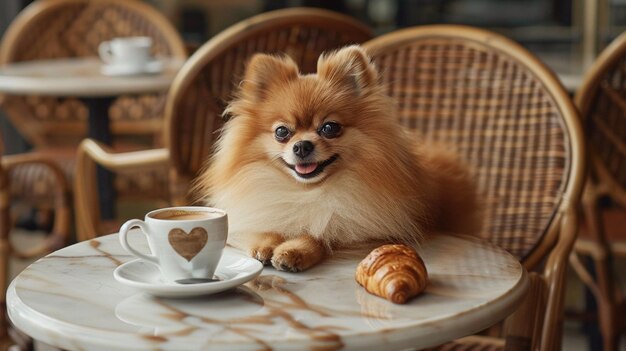 Photo a dog sits on a chair with a cup of coffee and a pastry