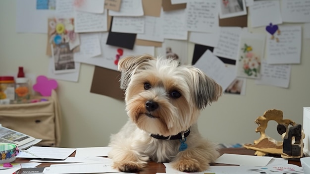 A dog sits on a desk in front of a wall covered in papers.