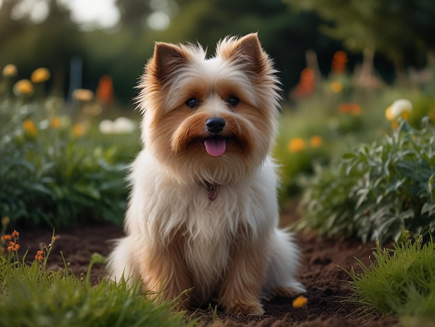 a dog sits in the dirt in front of some flowers