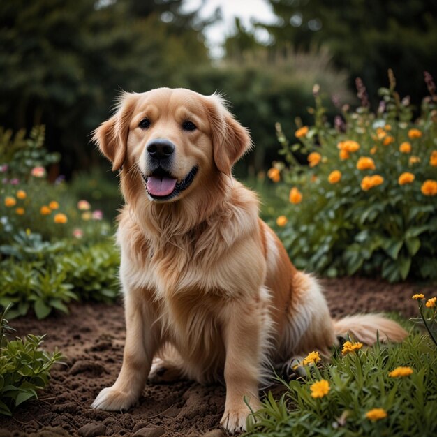 a dog sits in the dirt in front of some flowers