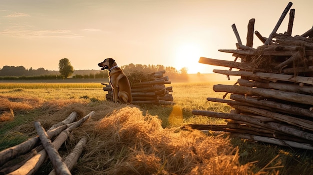 A dog sits in a field with a fence in the background.