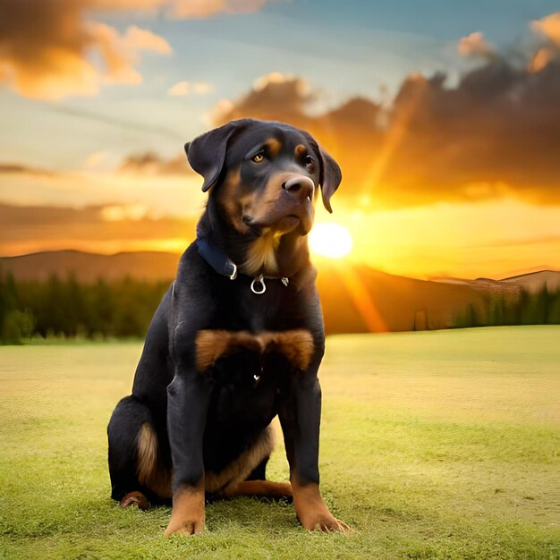 A dog sits on a field with the sun setting behind it.