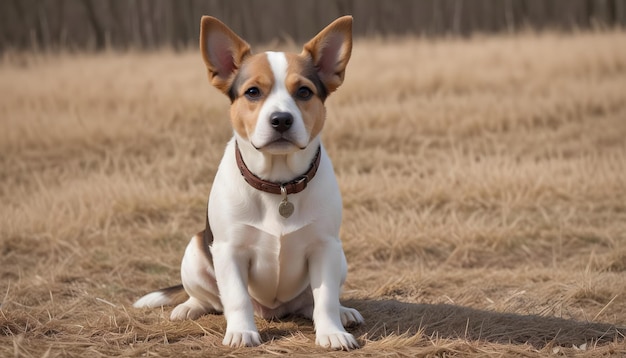 a dog sits in a field with a tag that says quot dog quot