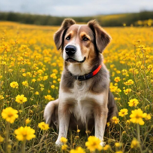 a dog sits in a field of yellow flowers