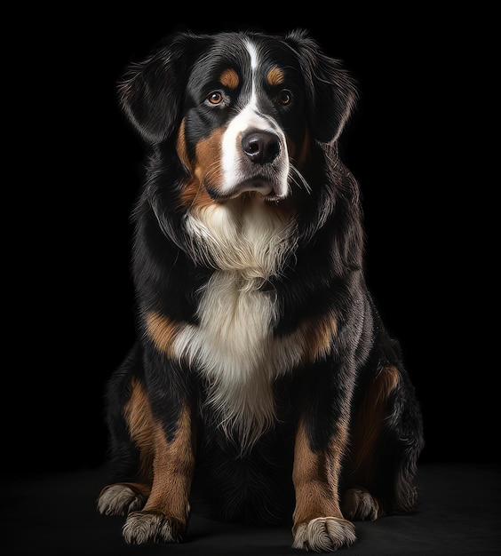 A dog sits in front of a black background.