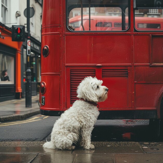 Photo a dog sits in front of a red bus