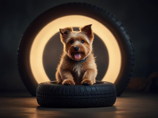 a dog sits in front of a tire that has a light on it