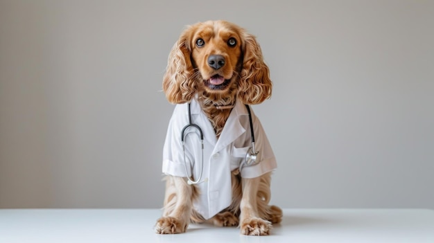 The dog sits in full height dressed in medical clothes cocker spaniel breed white background ar 169