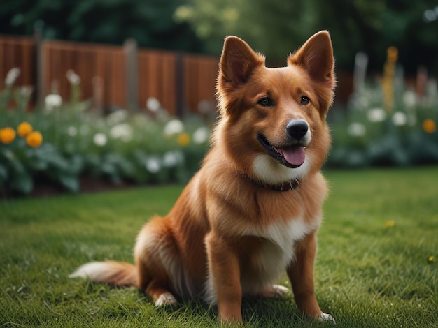 a dog sits in the grass with a flower bed in the background