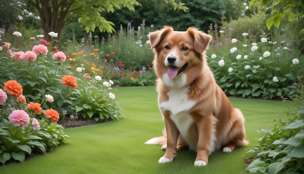 a dog sits in the grass with a flower bed behind it