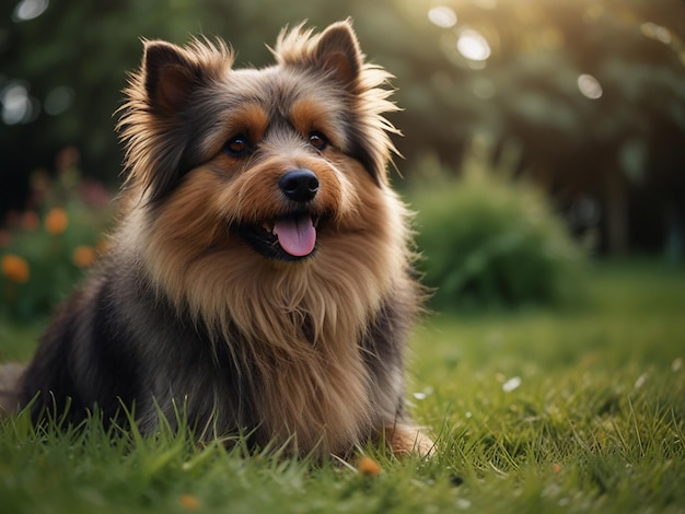 a dog sits in the grass with the sun behind him