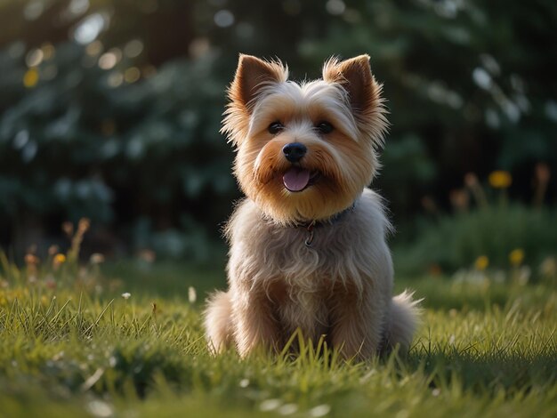 a dog sits in the grass with the sun behind him