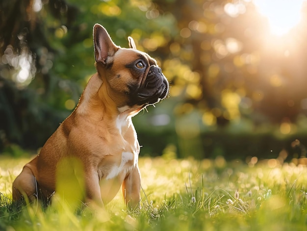 a dog sits in the grass with the sun shining through the trees