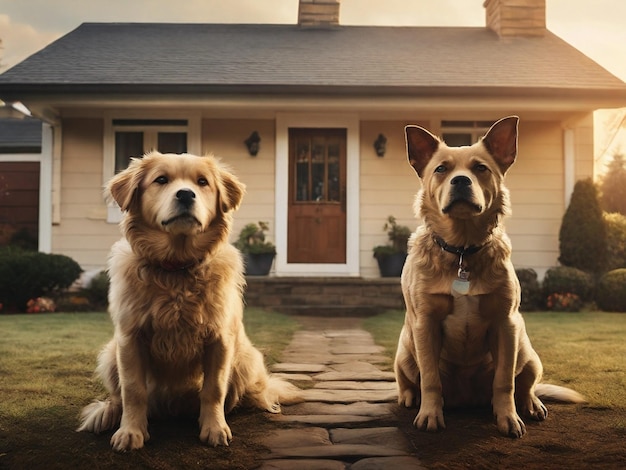 A dog sits guarding in front of a house Illustration