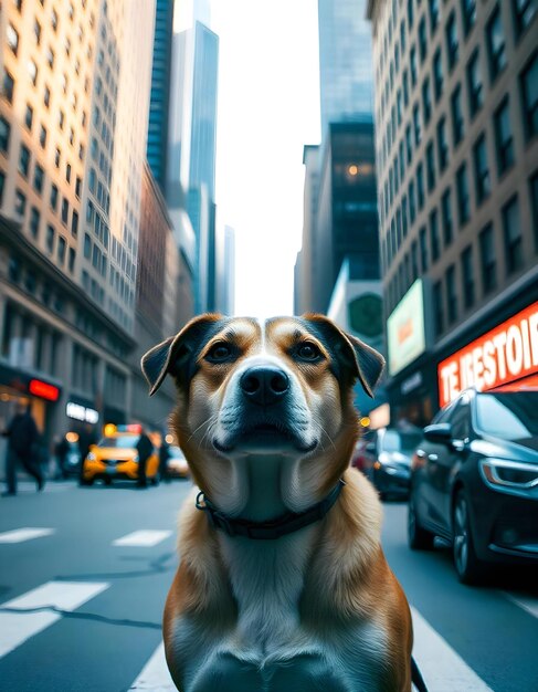 a dog sits in the middle of a busy city street