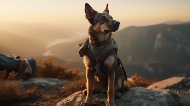 A dog sits on a mountain in front of a sunset