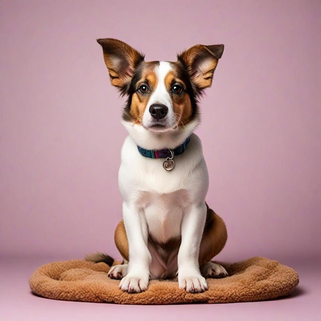 a dog sits on a pillow with a purple background