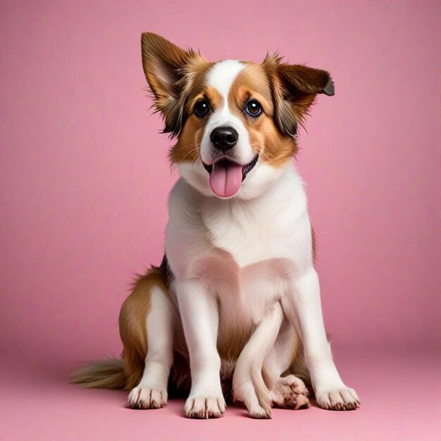 a dog sits on a pink background with a pink background