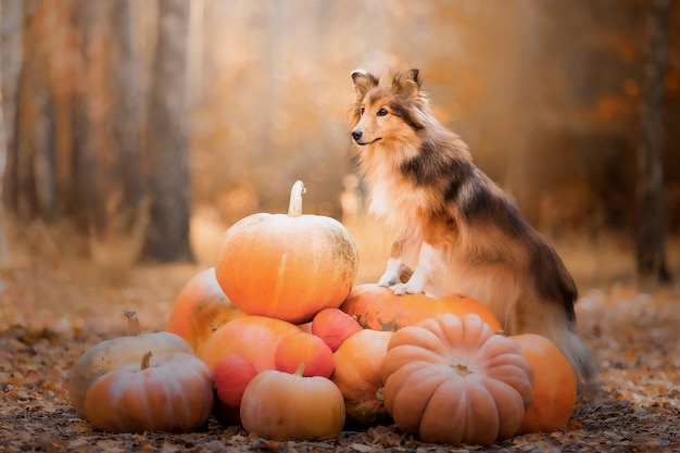 A dog sits among pumpkins in a fall scene.