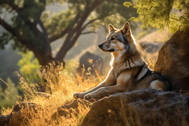 A dog sits on a rock in the grass.