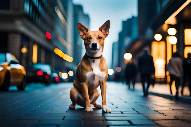 a dog sits on a sidewalk in the city.