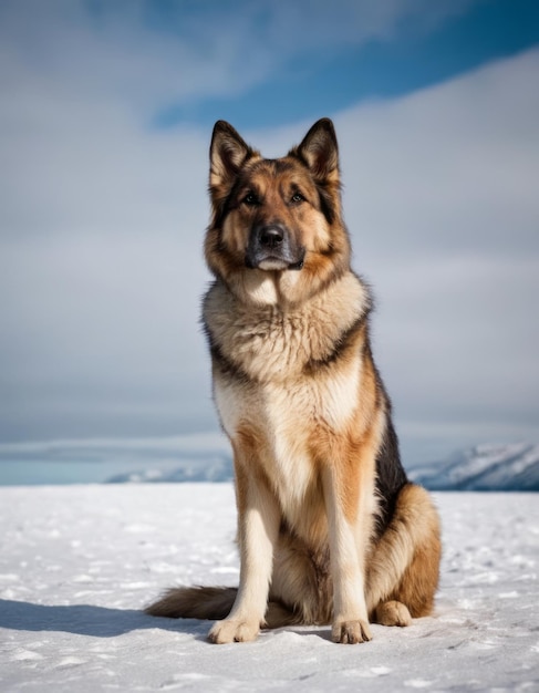 a dog sits in the snow with a sky background