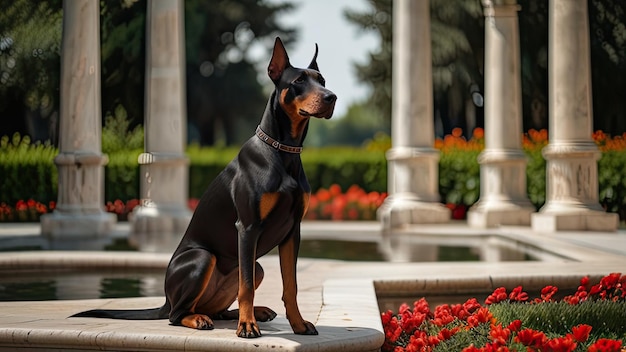 Photo a dog sits on a stone bench with red flowers in the background