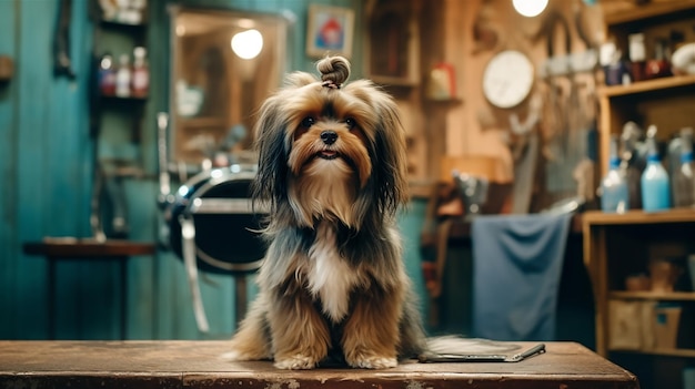 A dog sits on a table in a shop